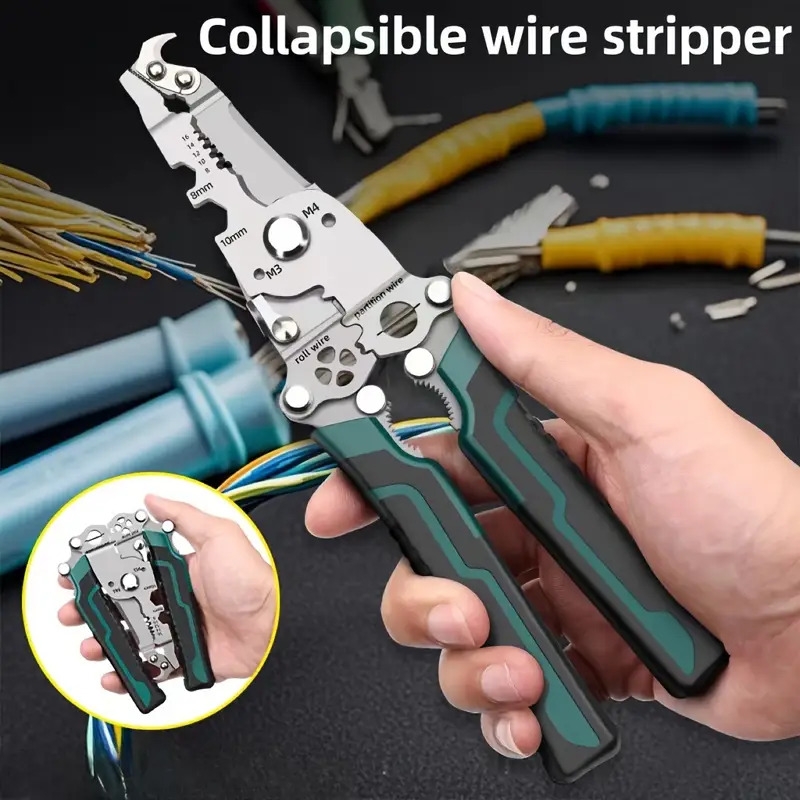 1pc promaster multifunctional wire stripper cutter foldable metal tool with hook knife screwdriver wrench quick wire stripping and cutting electrician hand tool Product details 0