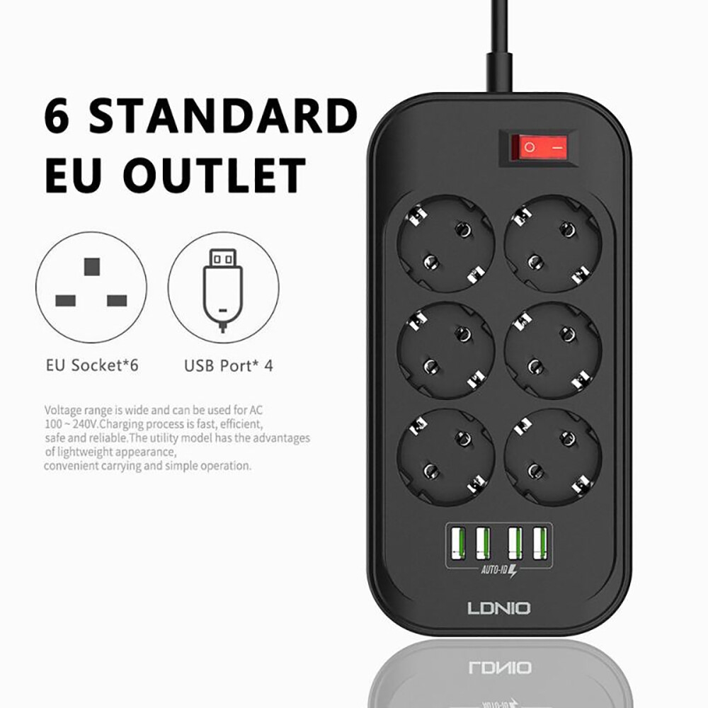 Multiprise parasurtenseur parafoudre 6 prises + 4 USB ports