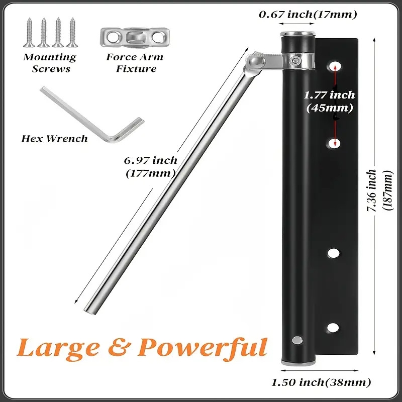 1件不锈钢自动门闭合器，150度开启角度安全弹簧自关闭铰链，可调节速度闭合，自动门顶锁软关，带力臂、螺丝和扳手，适用于住宅使用 商品详情 1