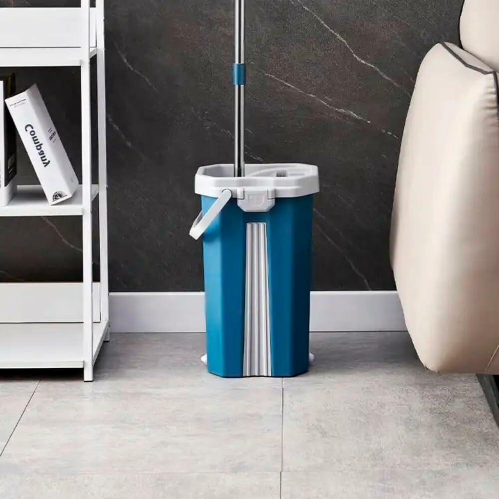 Balai plat en fibre avec seau, utilisation humide et sèche, avec 2 tampons en microfibre lavables, ensemble de balai à franges antitaches pour le nettoyage des sols (blanc) Image du produit 3