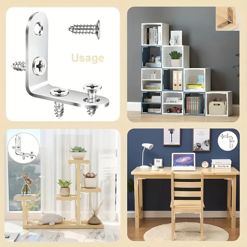 50pcs stainless steel l bracket corner set 1 57x1 57 inch 90 degree right angle with screws for wooden shelves chairs tables dressers furniture assembly details 1
