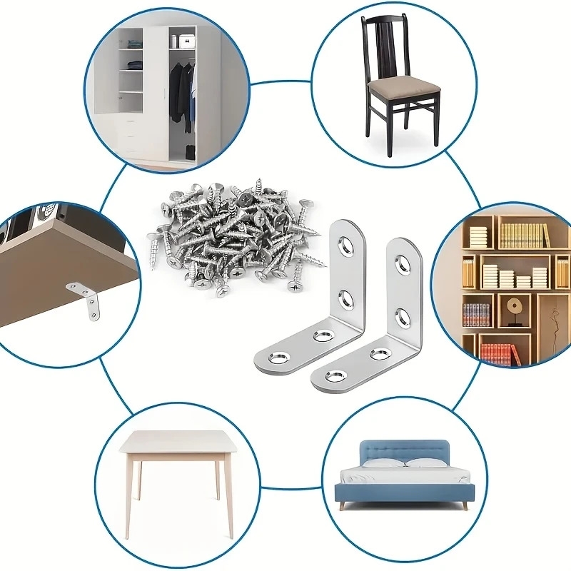 50pcs stainless steel l bracket corner set 1 57x1 57 inch 90 degree right angle with screws for wooden shelves chairs tables dressers furniture assembly details 2