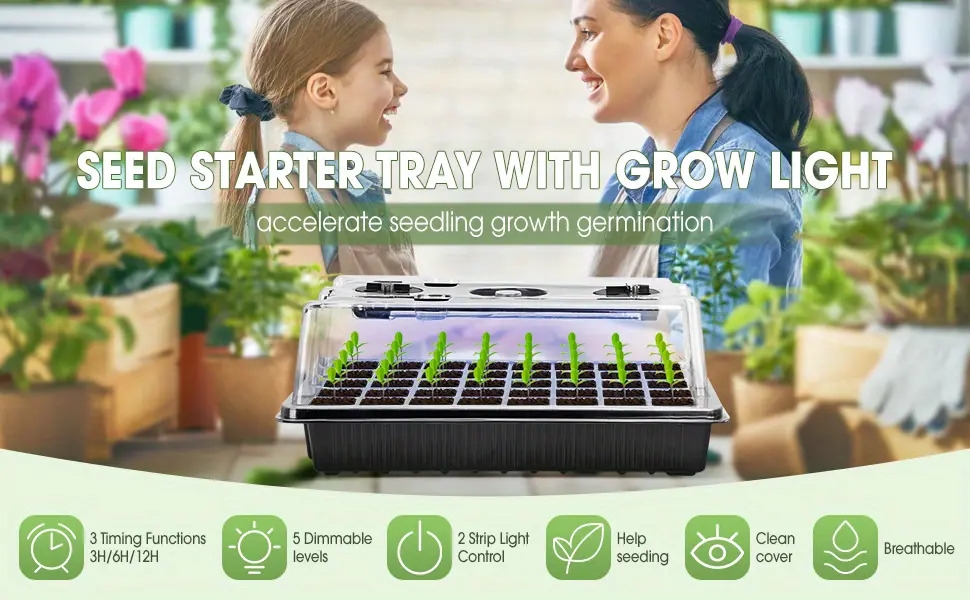 1 set seed starter trays with 2 long strip grow lights 40 cells seed starter kit with humidity dome seedling starter trays for seed germination kit seedling starting propagation cloning plants details 0