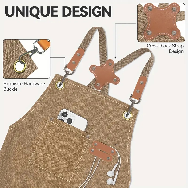 1pc   polyester canvas work apron adjustable cross back chef apron with metal rivet and hooks anti dislodging pockets for men women 500g m woven fabric for cooking kitchen bbq artist details 3