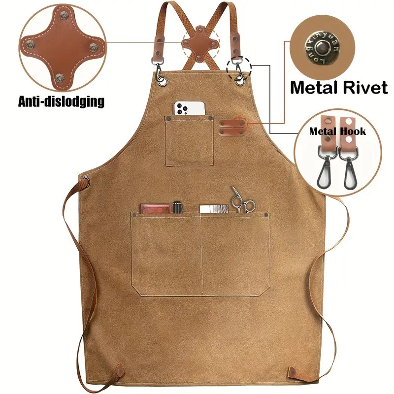 1pc   polyester canvas work apron adjustable cross back chef apron with metal rivet and hooks anti dislodging pockets for men women 500g m woven fabric for cooking kitchen bbq artist details 0