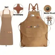 1pc   polyester canvas work apron adjustable cross back chef apron with metal rivet and hooks anti dislodging pockets for men women 500g m woven fabric for cooking kitchen bbq artist details 1