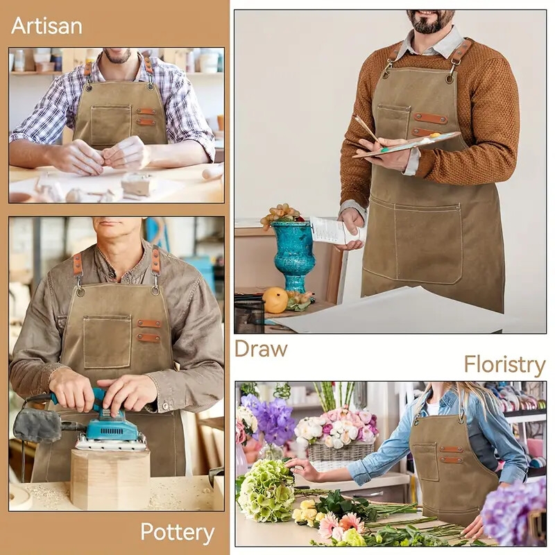 1pc   polyester canvas work apron adjustable cross back chef apron with metal rivet and hooks anti dislodging pockets for men women 500g m woven fabric for cooking kitchen bbq artist details 7