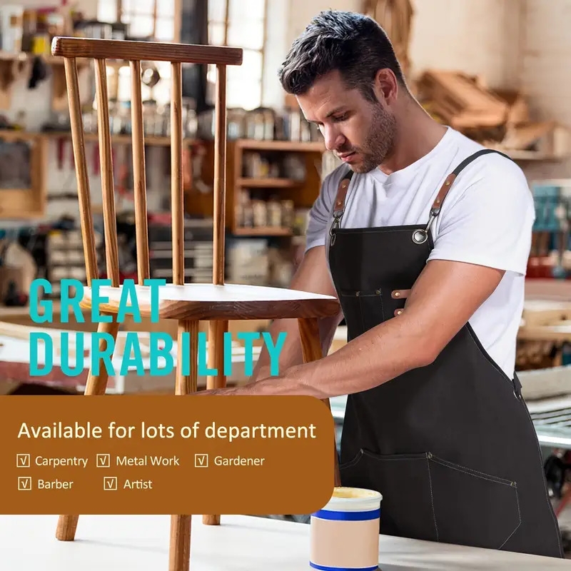 1pc   polyester canvas work apron adjustable cross back chef apron with metal rivet and hooks anti dislodging pockets for men women 500g m woven fabric for cooking kitchen bbq artist details 4