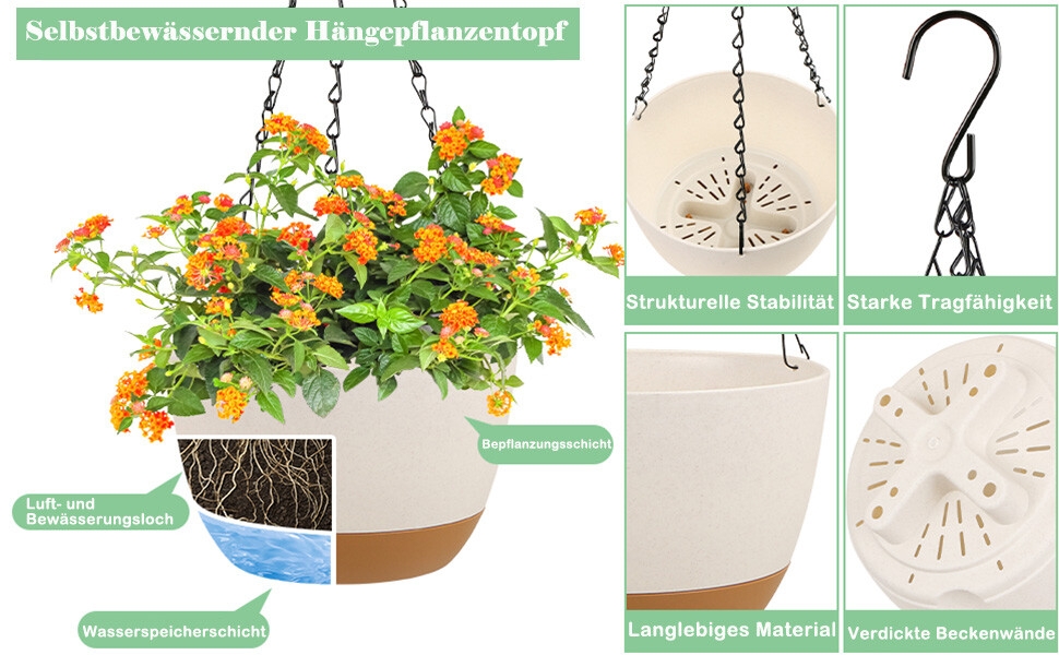 Jardinière suspendue ornée de fleurs colorées. Le schéma illustre les éléments tels que le réservoir d'eau, la soucoupe et la chaîne. Un texte en allemand décrit les avantages du produit.