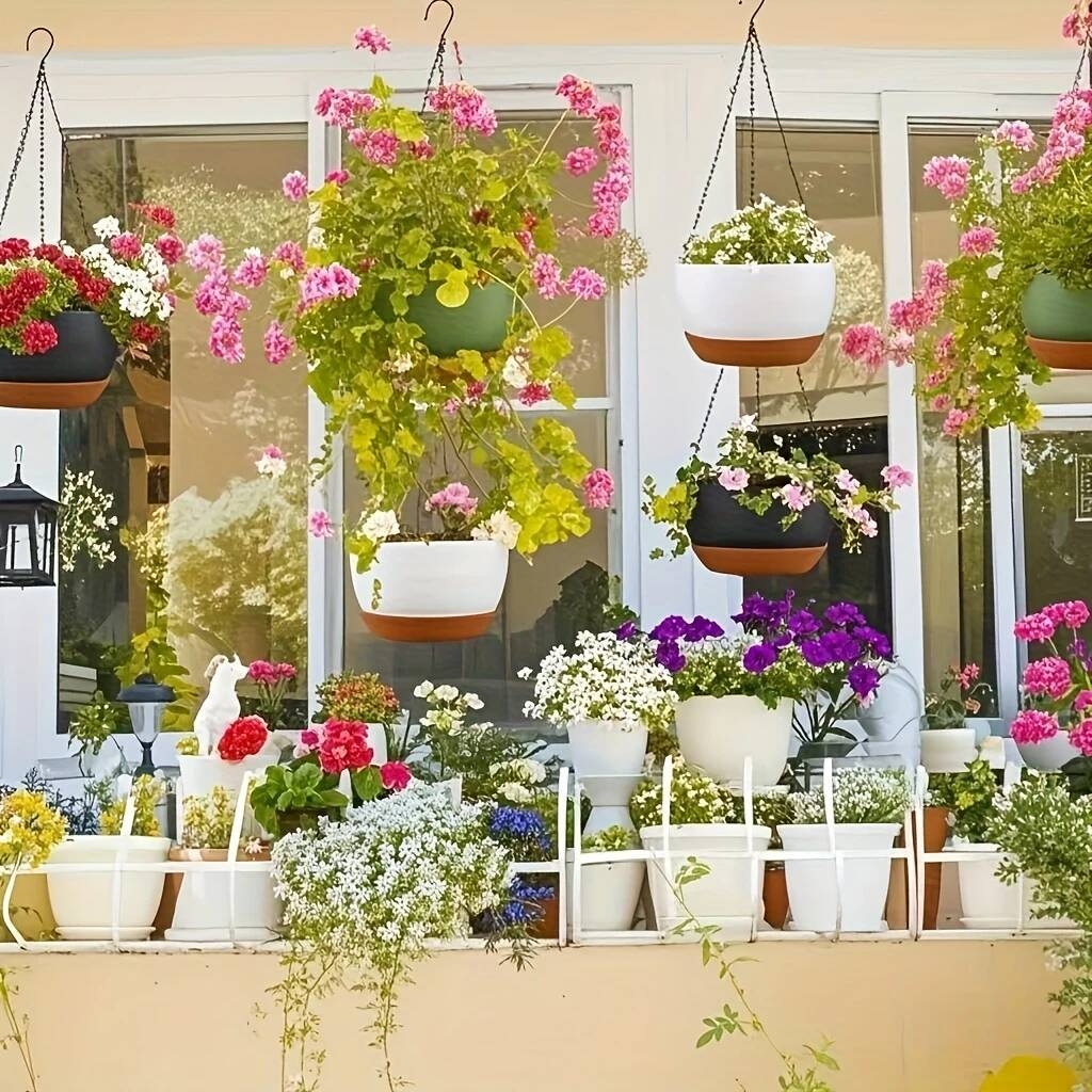 4pcs hanging flower stand for indoor and outdoor use plastic hanging planters with drainage holes and removable trays suitable for home decor wedding decoration easter mothers day graduation season   christmas etc details 2