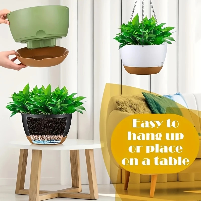 4pcs 8 07inch hanging flower pots automatic watering pots large plastic flower pots with   storage high drainage holes and hanging chains suitable for indoor outdoor balcony garden plants and flowers   2 white details 5