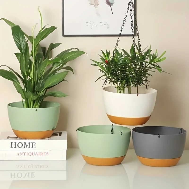 4pcs 8 07inch hanging flower pots automatic watering pots large plastic flower pots with   storage high drainage holes and hanging chains suitable for indoor outdoor balcony garden plants and flowers   2 white details 1