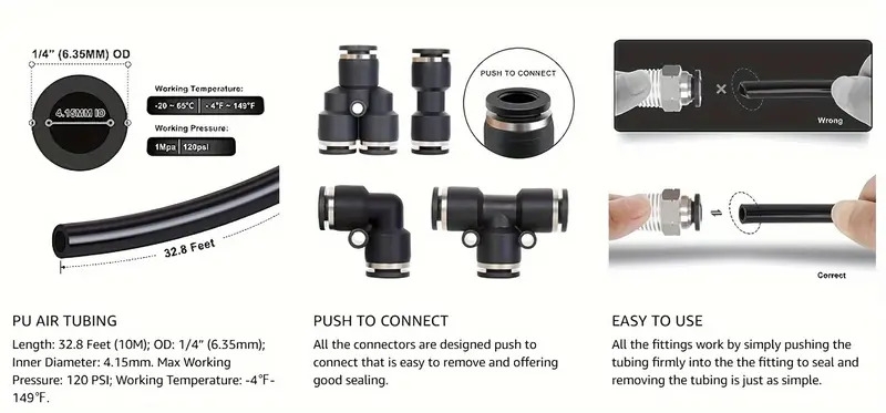   空气管套件,1/4 英寸(6.35 毫米)外径 x 32.8 英尺聚氨酯 pu 管和推入式连接配件,14 件压缩管和配件套件 商品详情 2