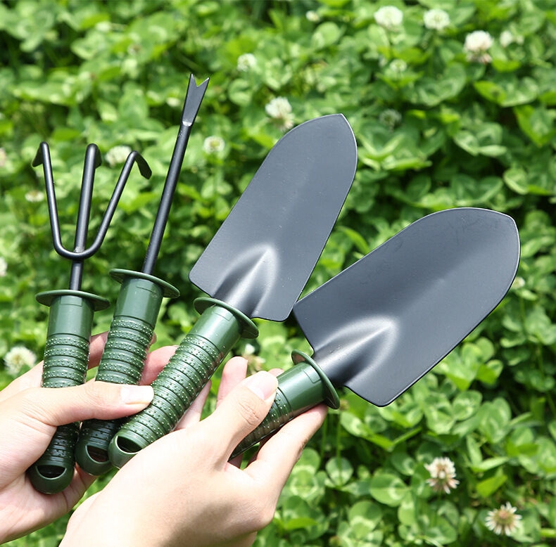 Poignée ergonomique pour l'extérieur, jeu d'outils pour le jardinage, boîtier en métal robuste, Kit d'outils manuels pour le travail du jardin, pelle à truelle et râteau, 4 pièces