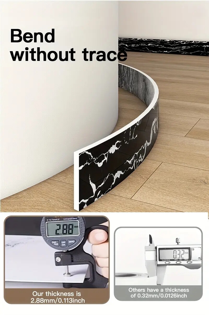 1卷=196.85英寸长x3.94英寸宽，加厚大卷大理石自粘踢脚线墙纸，即剥即贴，diy可拆卸，无残留移除，易粘贴，pet乙烯基材料，防水，防潮，易打理，可水洗，适用于电视背景墙门框相框装饰贴纸，家具饰品。客厅墙角，天花墙角，厨房角落，卫生间隔断踢脚线墙贴，翻新壁纸 商品详情 4