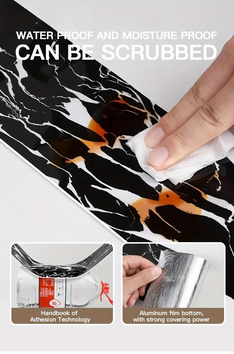 1卷=196.85英寸长x3.94英寸宽，加厚大卷大理石自粘踢脚线墙纸，即剥即贴，diy可拆卸，无残留移除，易粘贴，pet乙烯基材料，防水，防潮，易打理，可水洗，适用于电视背景墙门框相框装饰贴纸，家具饰品。客厅墙角，天花墙角，厨房角落，卫生间隔断踢脚线墙贴，翻新壁纸 商品详情 5