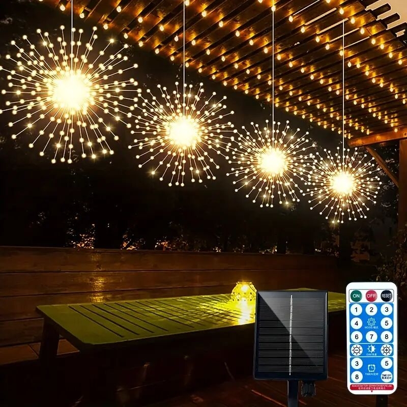 1pc 360leds 480leds solar starburst sphere lights firework lights remote control timer 8 modes dimmable waterproof hanging fairy light copper wire sparkly lights for patio party tent christmas 0
