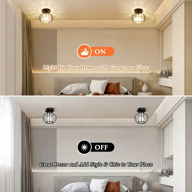 2 pack industrial style semi flush mount ceiling light fixtures black metal cage with crystal accents for living room hallway bathroom entryway kitchen elegant and functional lighting solution 5