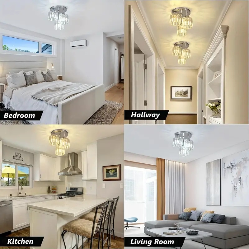 现代水晶吊灯，3灯水晶吊顶灯带玻璃灯罩，玻璃吊灯适用于卧室、厨房、走廊、浴室、铬色 详情 7