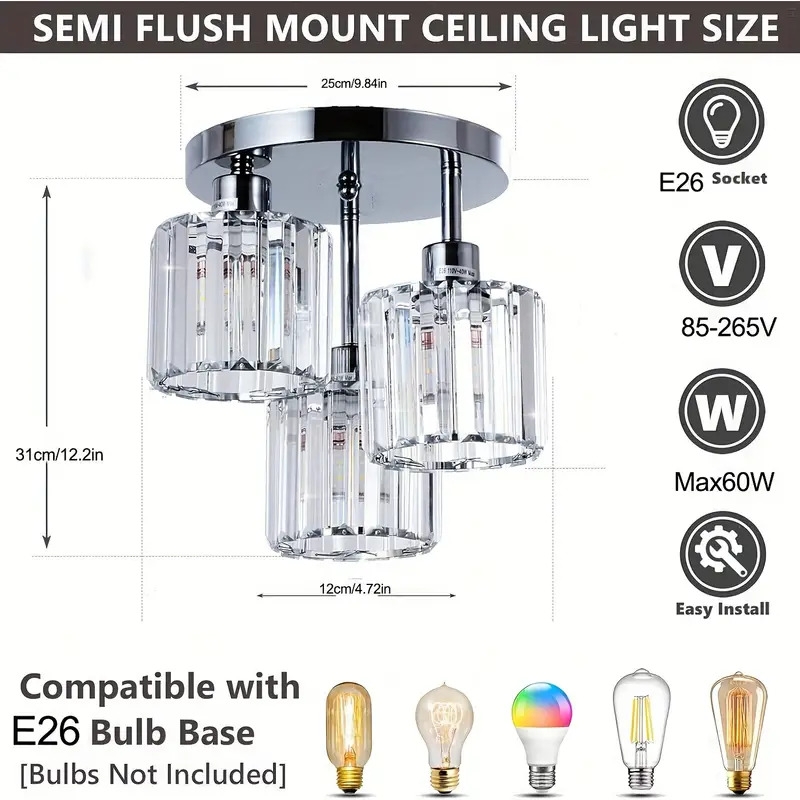 现代水晶吊灯，3灯水晶吊顶灯带玻璃灯罩，玻璃吊灯适用于卧室、厨房、走廊、浴室、铬色 详情 3