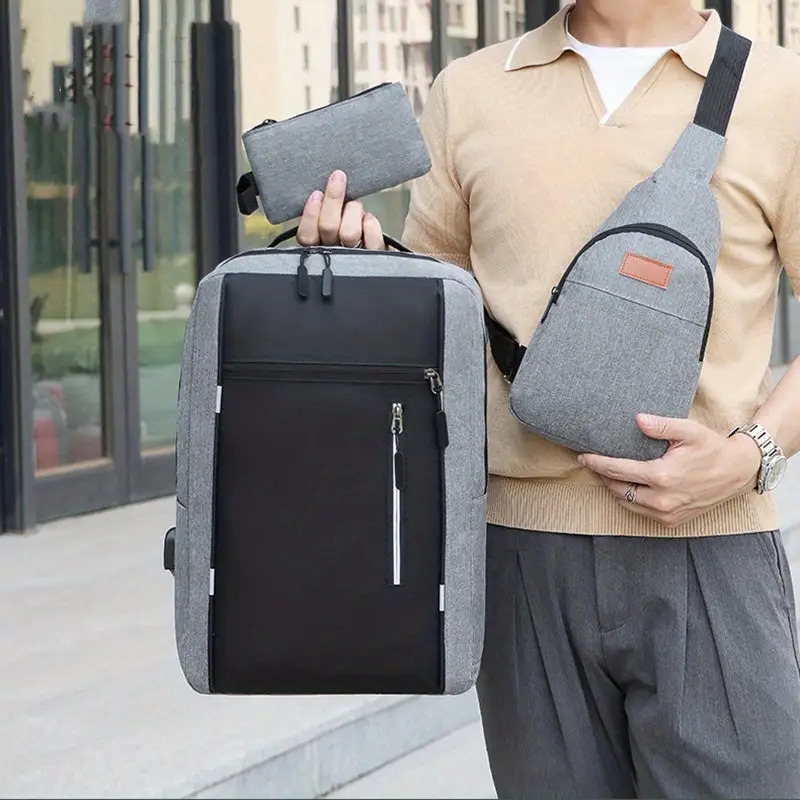 3pcs set new multi functional backpack large capacity business backpack computer backpack with crossbody chest bag coin purse details 2