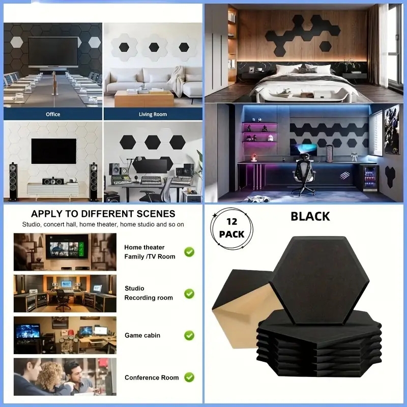 12   black hexagon acoustic panels self   noise reducing sound absorbing wall tiles for recording   conference rooms home theaters details 3