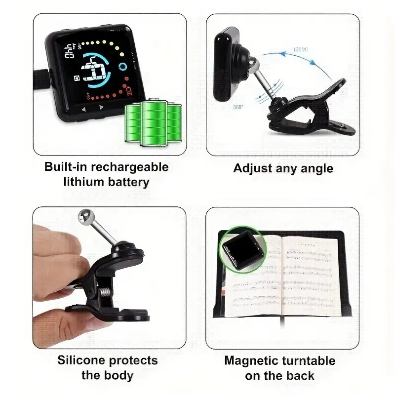 吉他调音器和节拍器，适用于电吉他、贝斯、尤克里里、小提琴 - usb可充电电子音高训练器，音乐练习工具，乐器调音设备，便携式设计，小巧紧凑，耐用结构，精准调音，适合贝斯手、尤克里里音乐人 商品详情 5