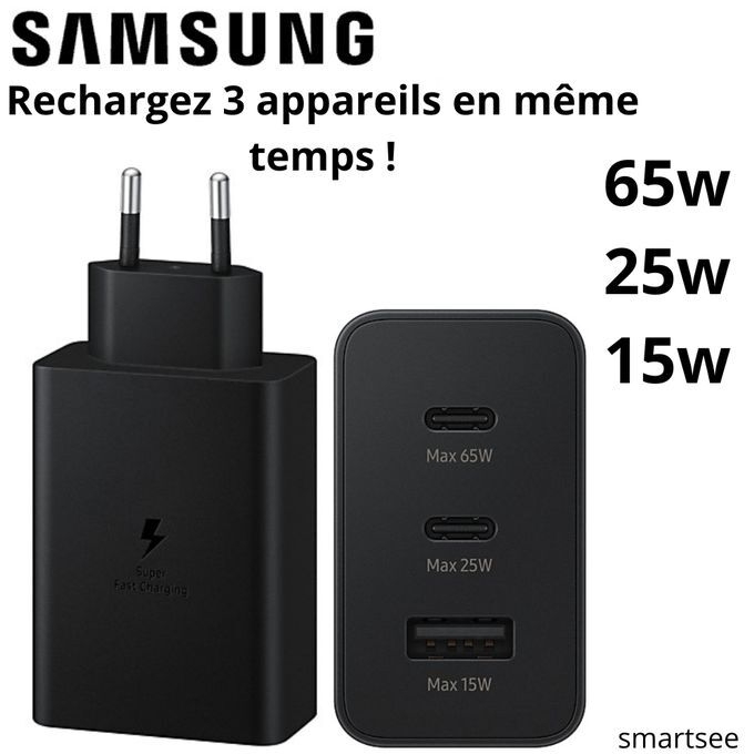 Samsung Boitier De Charge Rapide Original 2 Ports USB-C, Port USB-A- 65w,25w,15w Noir Sans Câble