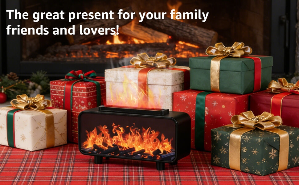 Le texte dit : « Le cadeau idéal pour votre famille, vos amis et vos amoureux ! » Scène de fête avec des cadeaux emballés en rouge et vert sur une nappe à carreaux, avec une cheminée et un appareil à effet de flamme portable au premier plan.
