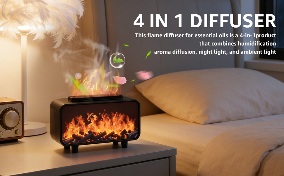 Le texte indique : « DIFFUSEUR 4 EN 1 - Ce diffuseur à flamme pour huiles essentielles est un produit 4 en 1 qui combine humidification, diffusion d’arômes, veilleuse et lumière d’ambiance. » Appareil affichant un effet de flamme sur une table de chevet.