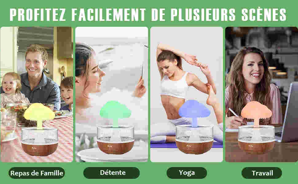 présenté dans quatre configurations : repas en famille, relaxation, yoga et travail. Le texte en français décrit une utilisation polyvalente.