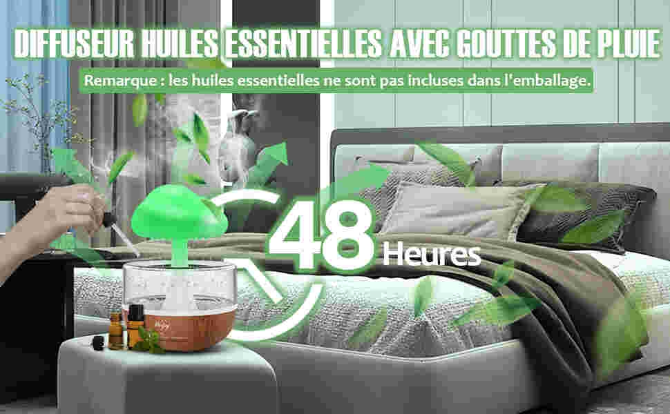 Diffuseur d'huiles essentielles vert en forme de champignon sur la table de chevet, émettant de la brume. Réglage de la chambre à coucher avec une durée de fonctionnement de 48 heures surlignée