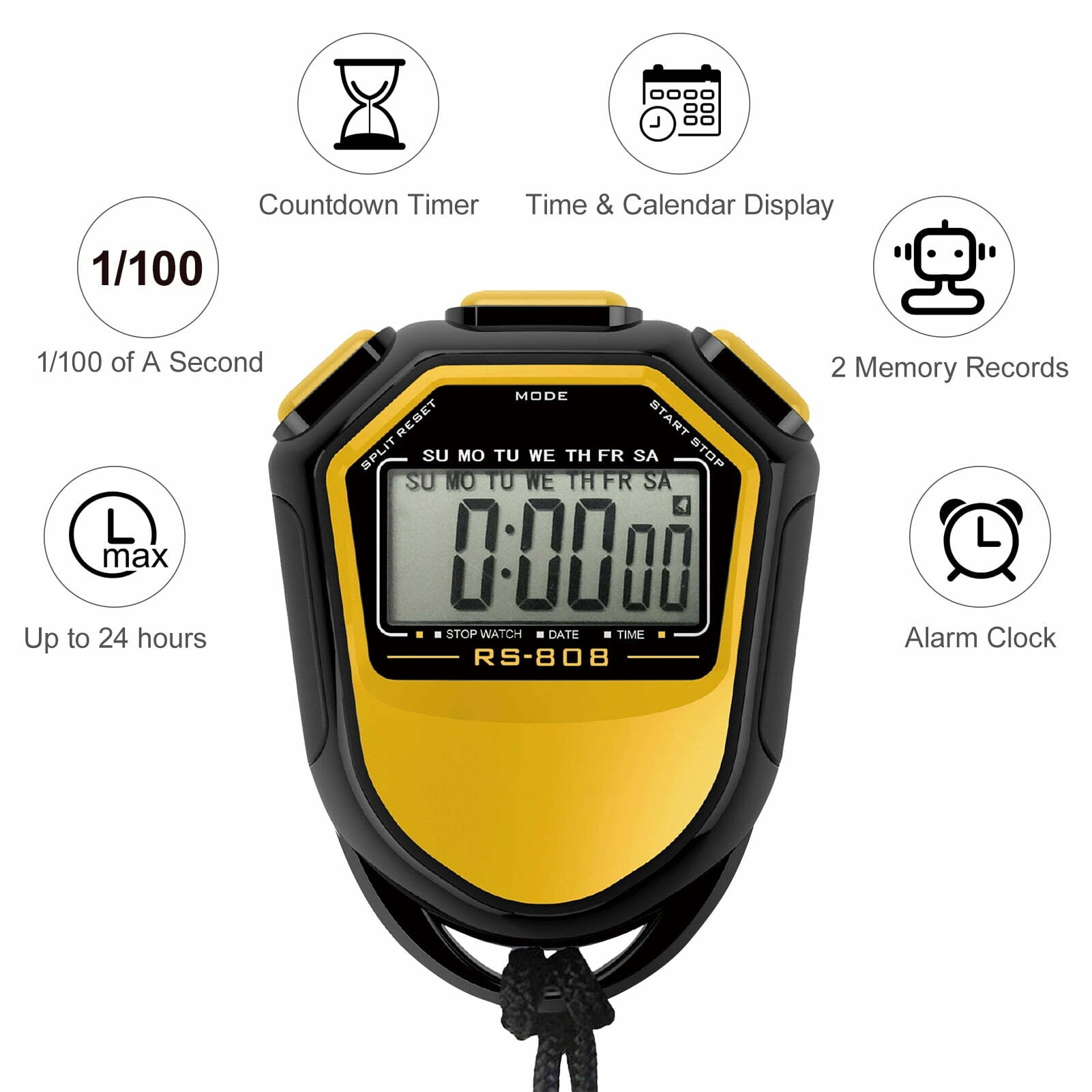 Woooli Waterproof Stopwatch Handheld LCD Digital Timer Chronograph Sports Counter with Strap for Running Swimming Football Training,yellow,1 Pack
