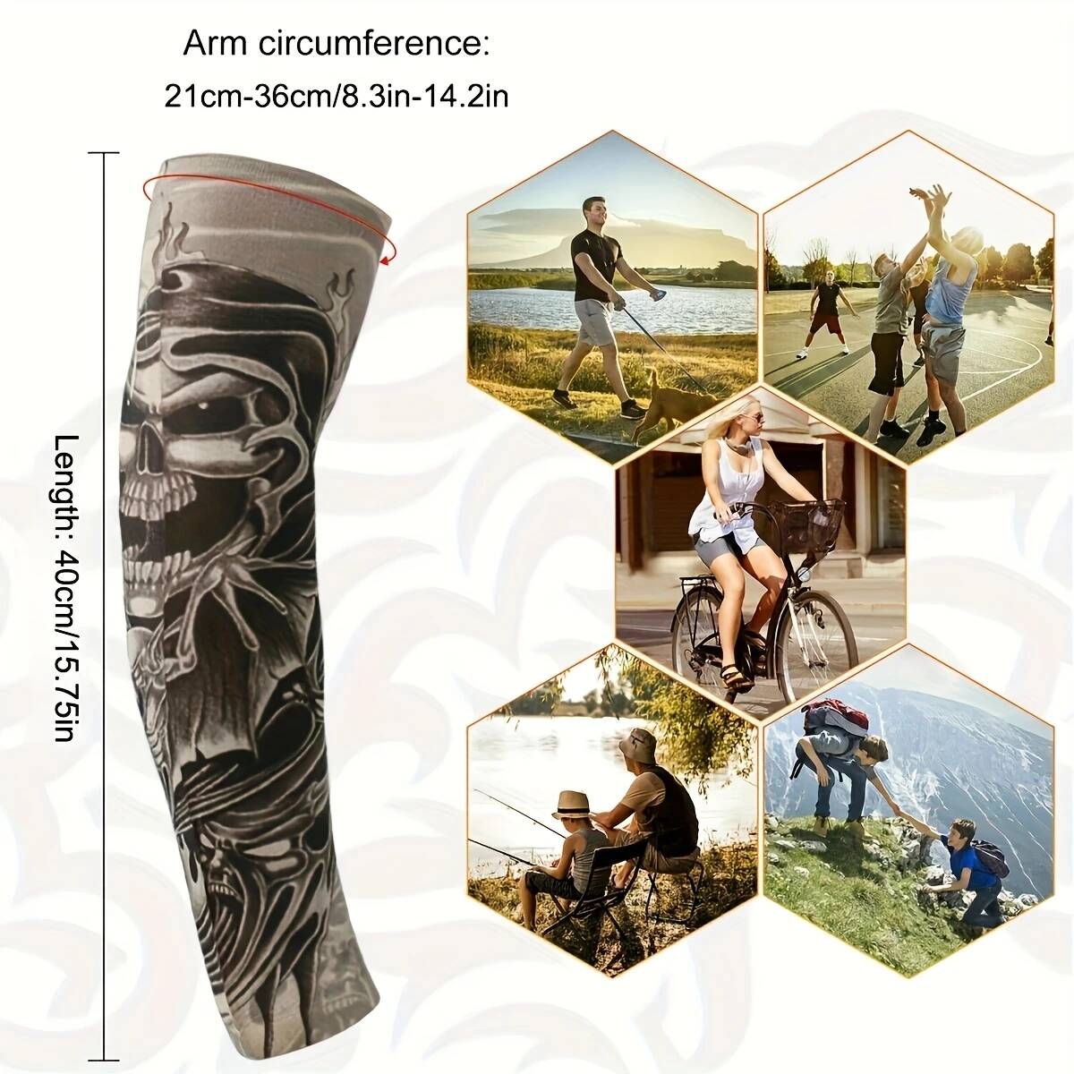 10件uv防护臂套 - upf50+ 防晒速干防滑扣合设计 - 摩托车、骑行、跑步用男女通用（10件装）- 运动员理想礼物，户外运动必备，纹身风格透气面料，耐用材质，清凉袖套，健身爱好者首选 详情 9