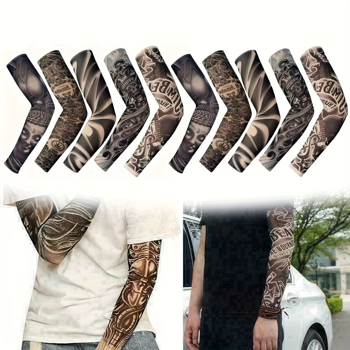 10件uv防护臂套 - upf50+ 防晒速干防滑扣合设计 - 摩托车、骑行、跑步用男女通用（10件装）- 运动员理想礼物，户外运动必备，纹身风格透气面料，耐用材质，清凉袖套，健身爱好者首选 详情 6