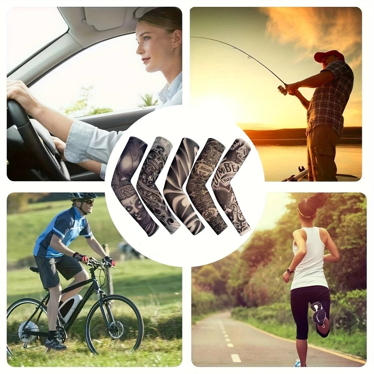 10件uv防护臂套 - upf50+ 防晒速干防滑扣合设计 - 摩托车、骑行、跑步用男女通用（10件装）- 运动员理想礼物，户外运动必备，纹身风格透气面料，耐用材质，清凉袖套，健身爱好者首选 详情 5