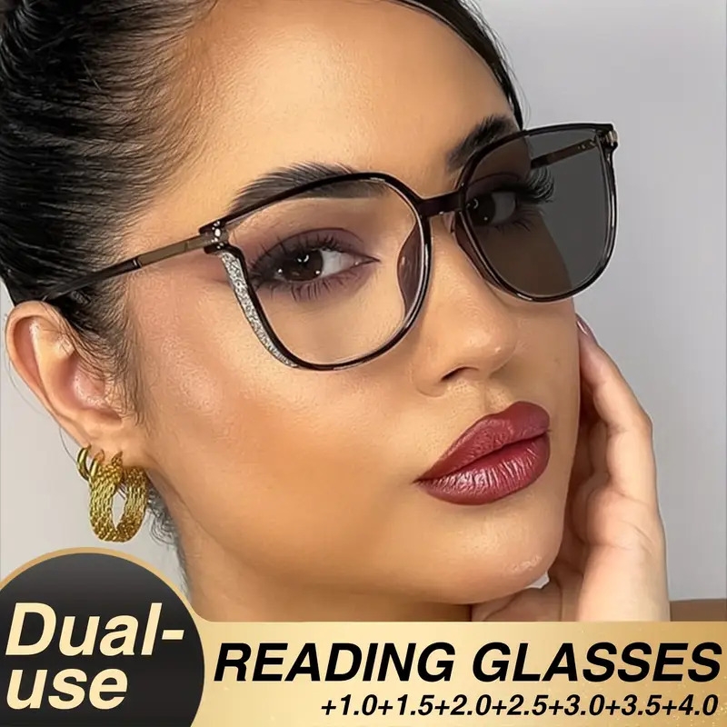 2件套组合装变色阅读眼镜，镜片根据光源强度变化颜色深浅，经典星空闪粉设计大框架老花镜，适合室内使用，高端日常时尚配饰