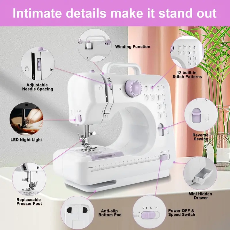 portable electric sewing   with 12 stitches patterns adjustable speed overlock multifunctional home sewing machine parents beginners hobbyists lightweight     repair diy crafting details 2