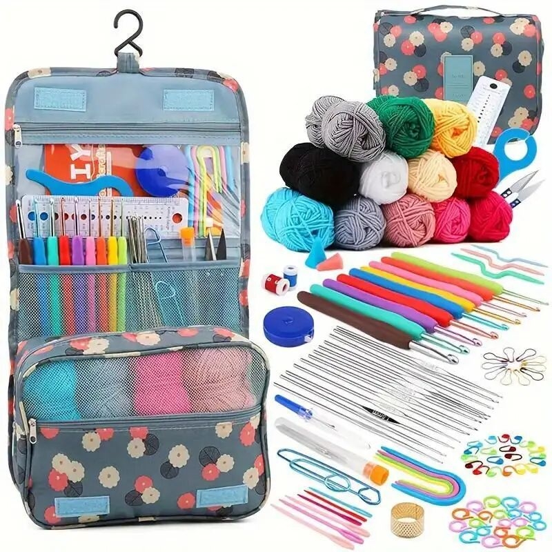 130 piece crochet kit with multicolor yarn fabric storage   season essentials for knitting crafting accessories   hooks scissors needles   markers more 1