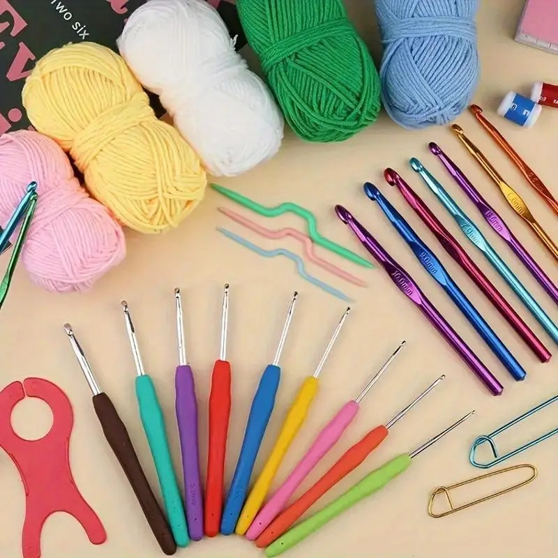 130 piece crochet kit with multicolor yarn fabric storage   season essentials for knitting crafting accessories   hooks scissors needles   markers more 7