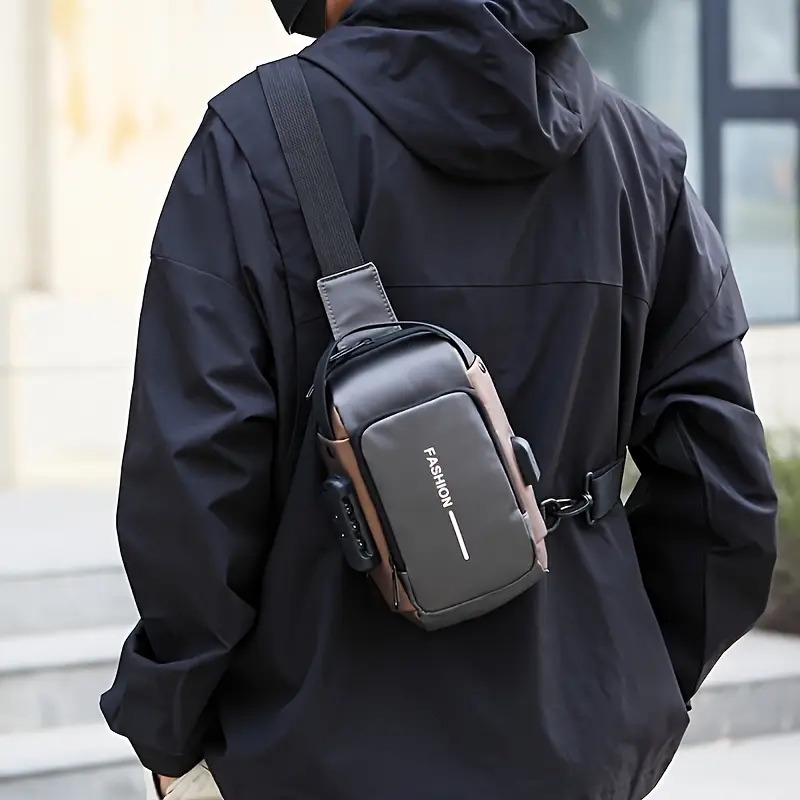 stylish mens crossbody bag motorcycle style chest bag with phone closure suitable for daily in blue and black Product details 10