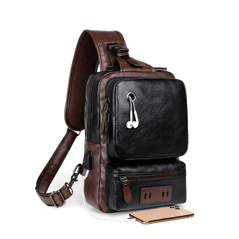 small black sling crossbody backpack shoulder bag for men women vintage pu leather sling backpack cycling Product details 1
