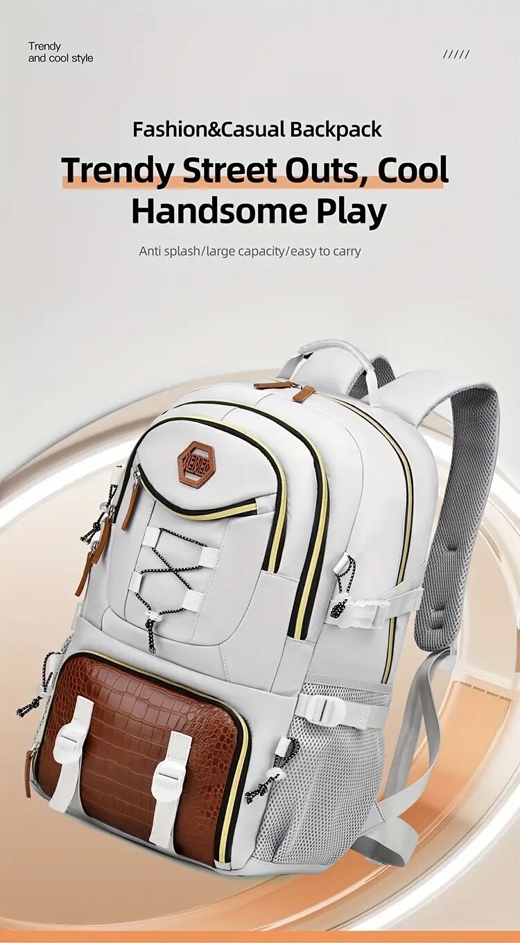 mens fashionable multi functional backpack durable nylon crocodile   large capacity suitable for laptop travel school and work white and brown two color model   for relatives   travel backpack details 0