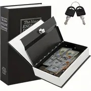 1pc secure book style safe box with keys hidden compartment for cash jewelry   black white 7 28x4 72x2 16in   iron construction details 0