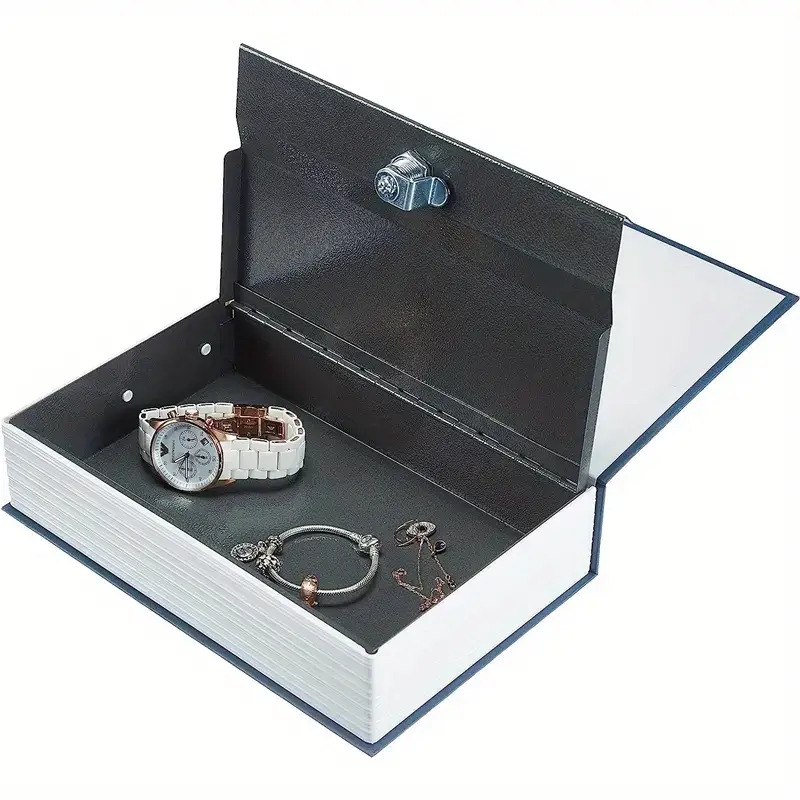 1pc secure book style safe box with keys hidden compartment for cash jewelry   black white 7 28x4 72x2 16in   iron construction details 3