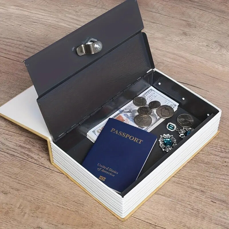 1pc secure book style safe box with keys hidden compartment for cash jewelry   black white 7 28x4 72x2 16in   iron construction details 5