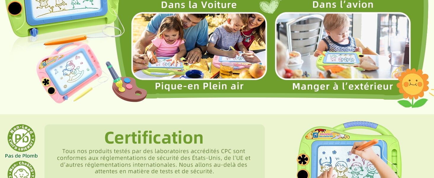 Cartes d'activités éducatives montrant des scènes extérieures et intérieures avec des bordures vertes et des marques de certification en bas.