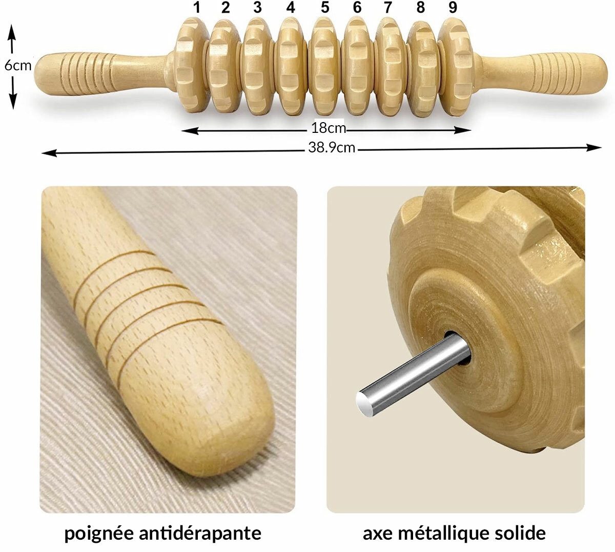 Détail de l'accessoire de massage en bois