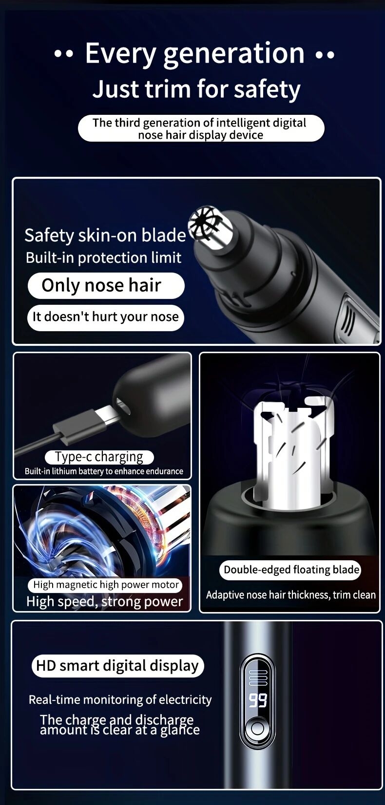 带有数位显示器的 usb 充电式鼻毛和耳毛修剪器 - 无痛、静音操作,适合男士和女士,不锈钢头,手提式,无线充电,鼻毛去除 详情 3