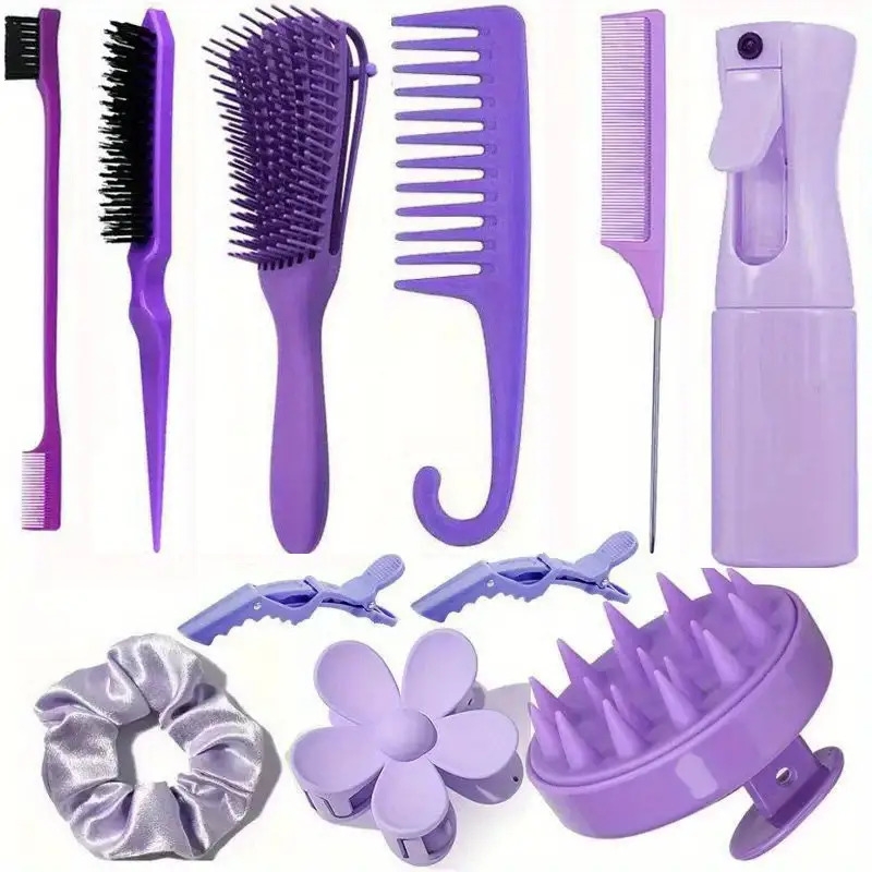 11 pcsstyle set durable spray bottle hollow brush shampoo brush rat tail hair comb wide tooth comb edge brush eyebrow brush crocodile clip scalp massage detangling brush anti static smooth hair knots comb for salon hairdressing tools details 0
